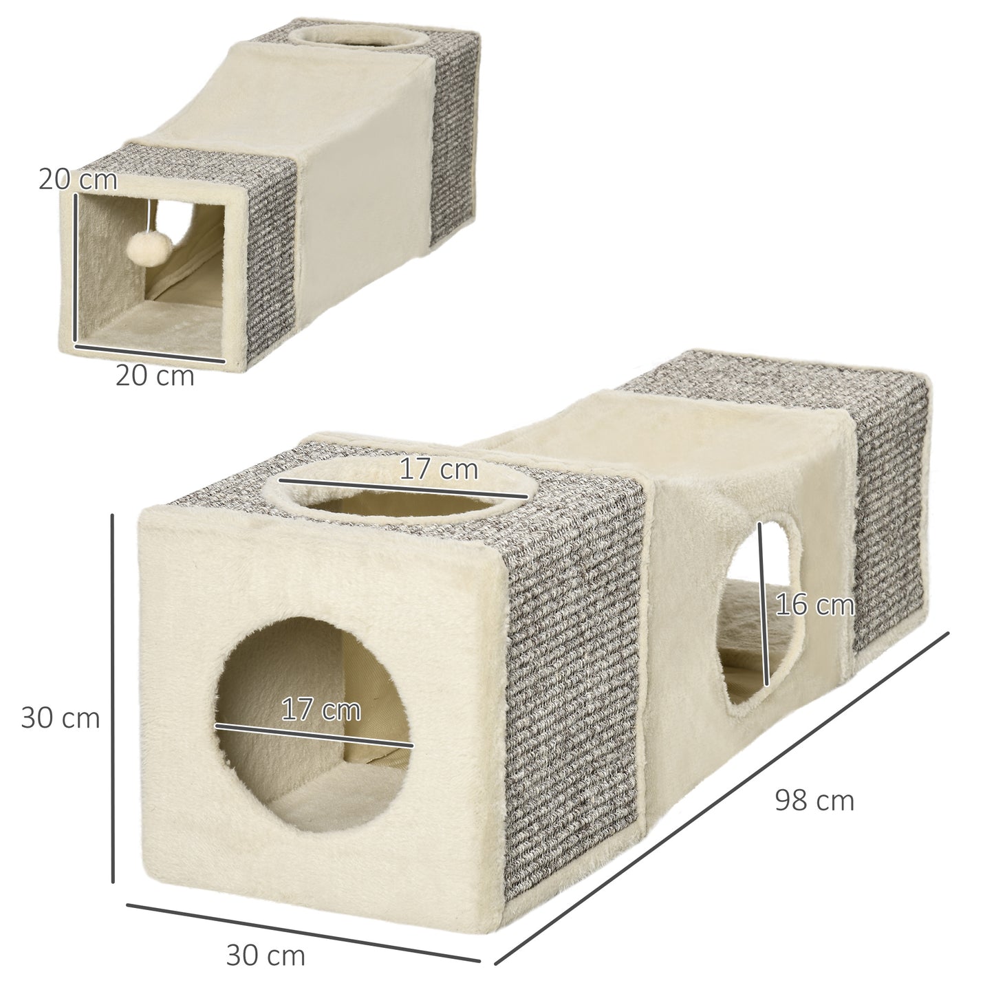 PawHut Cat Tunnel, 2 Cat Caves, Scratching Surfaces and Ball Toy, 98 cm x 30 cm x 30 cm, Brown + Beige