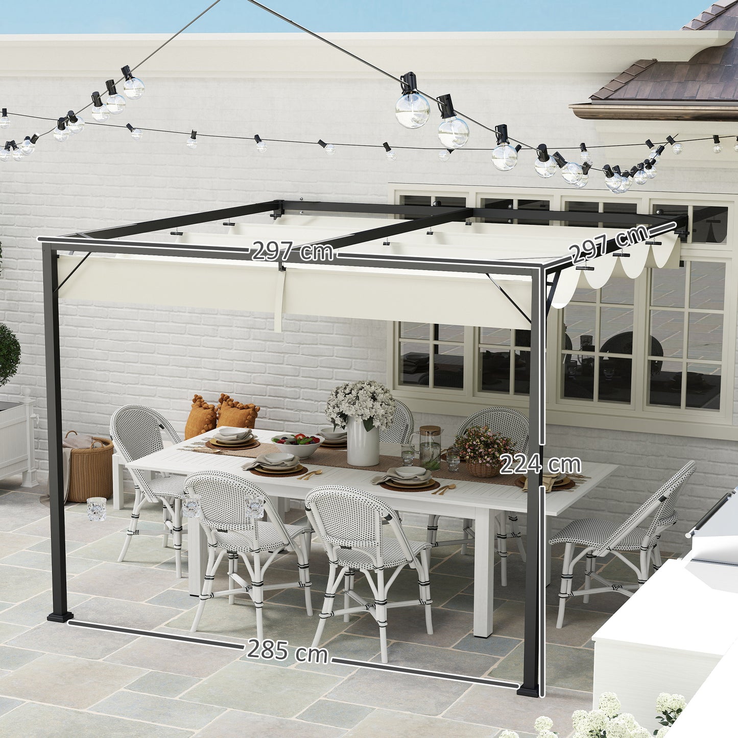 Outsunny 3 x 3(m) Outdoor Wall Mounted Pergola with Retractable Canopy -Cream White