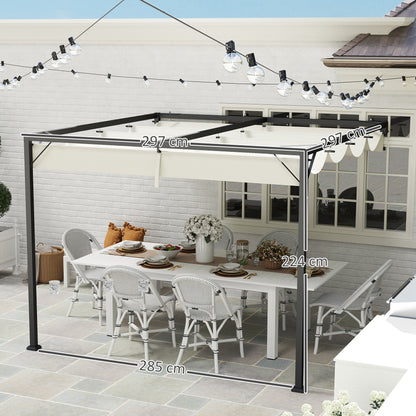 Outsunny 3 x 3(m) Outdoor Wall Mounted Pergola with Retractable Canopy -Cream White
