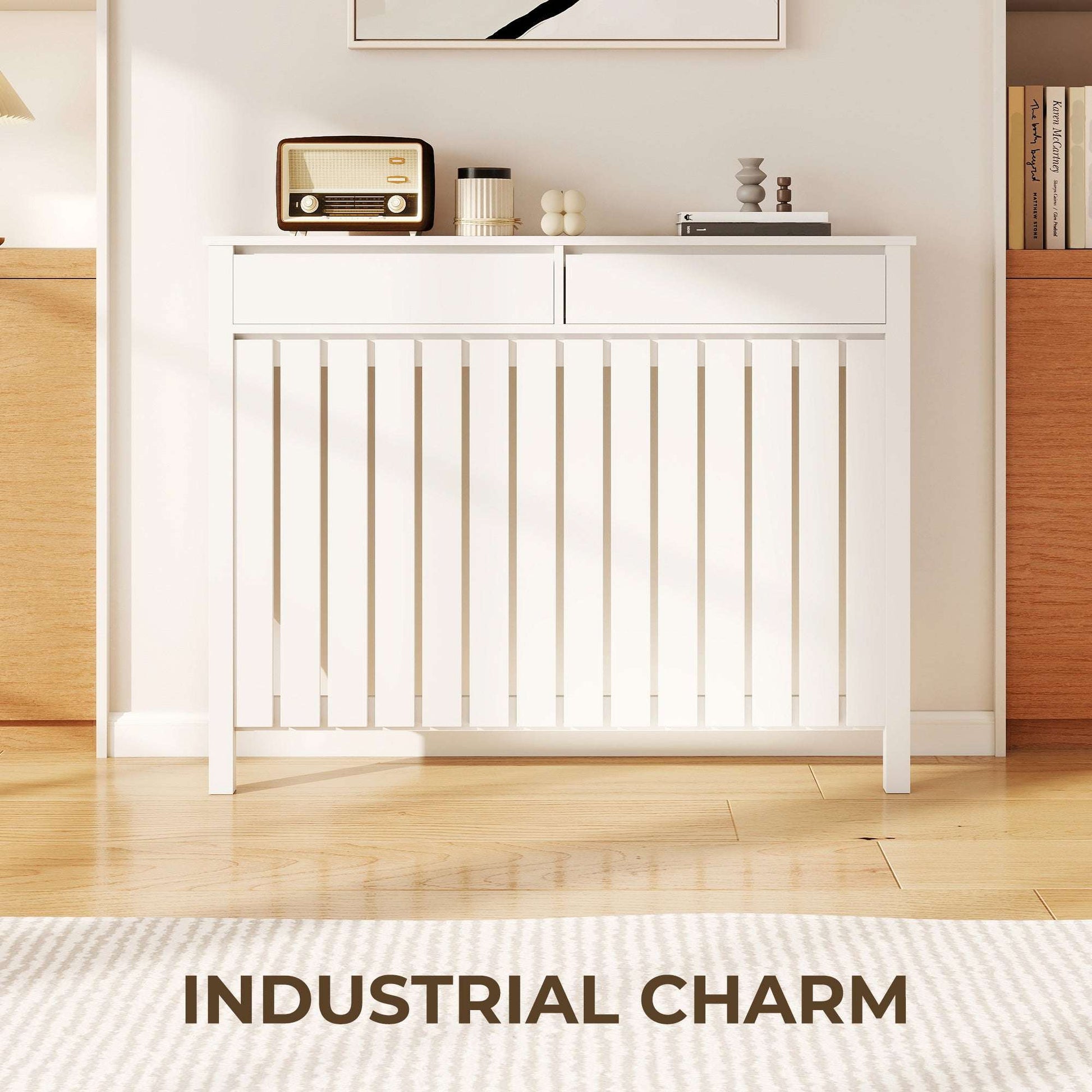 MDF & Particle Board Radiator Cover with 2 Drawers | Vertical Slats | Flat Top Display Surface | Wall Mountable | Pre-Cut Outs | 18kg Capacity | 119x19x93cm | White