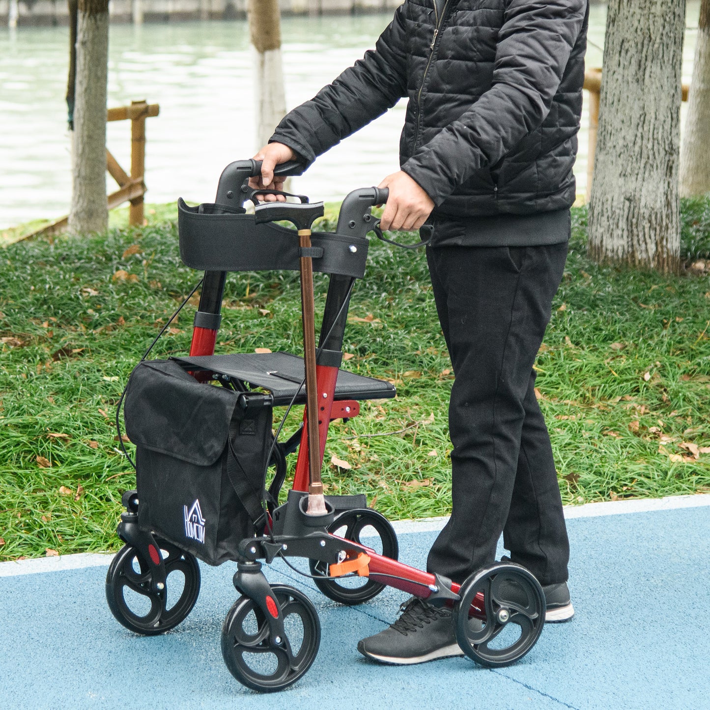4 Wheel Rollator With Seat and Back, Folding, Adjustable Height, Dual Brakes, Cane Holder, Lightweight Aluminium Frame - Red
