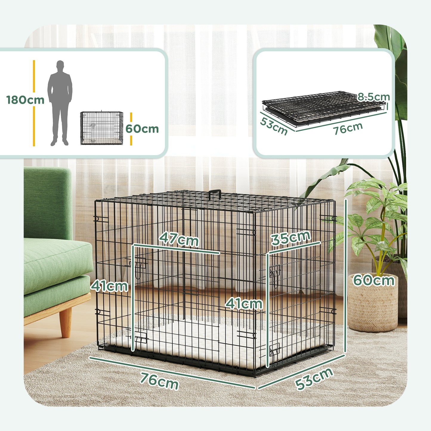 Foldable Dog Crate S | 2 Doors | Soft Washable Cushion | Removable ABS Tray | Small Dogs up to 10kg | 76 x 53 x 60cm | Black