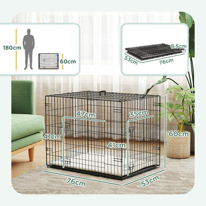Foldable Dog Crate S | 2 Doors | Soft Washable Cushion | Removable ABS Tray | Small Dogs up to 10kg | 76 x 53 x 60cm | Black
