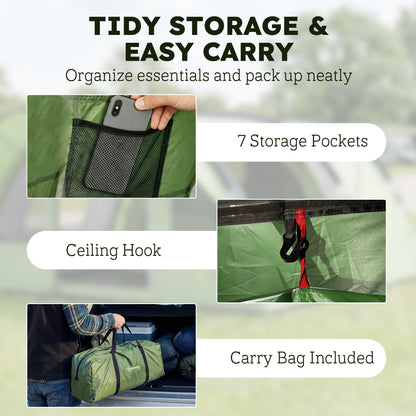 4-Person Family Camping Tent | 2 Rooms | Removable Divider | 3000mm Waterproof | Level 4 Wind Resistance | 7 Storage Pockets | Sets Up in 5-15 Mins | 565 x 370 x 200cm | Green & Grey
