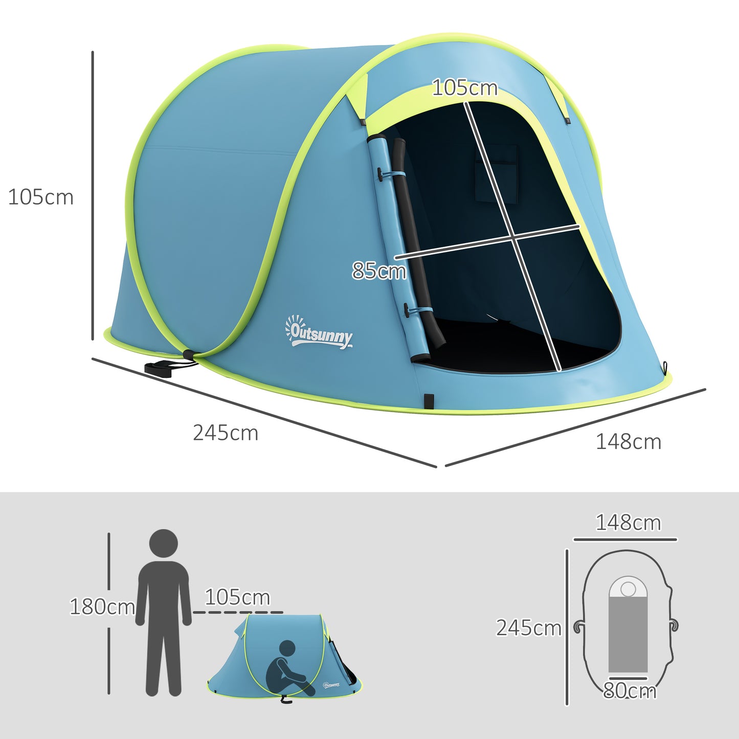 Outsunny 2 Man Pop up Camping Tent, 2000mm Waterproof with Carry Bag for Fishing Hiking Backpacking, Blue
