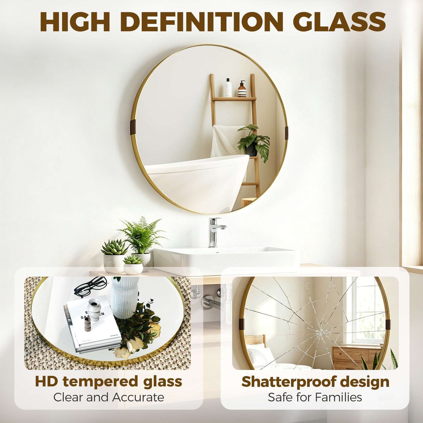 Round Wall Mirror | Shatterproof Tempered Glass | Anodised Aluminium Alloy Frame | 4cm Deep 3D Effect | 61cm Diameter | No Assembly | Gold Tone