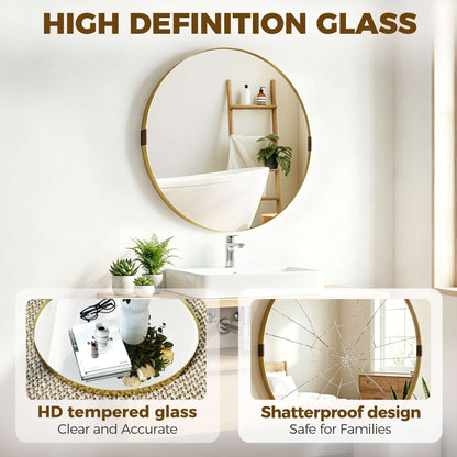 Round Wall Mirror | Shatterproof Tempered Glass | Anodised Aluminium Alloy Frame | 4cm Deep 3D Effect | 61cm Diameter | No Assembly | Gold Tone