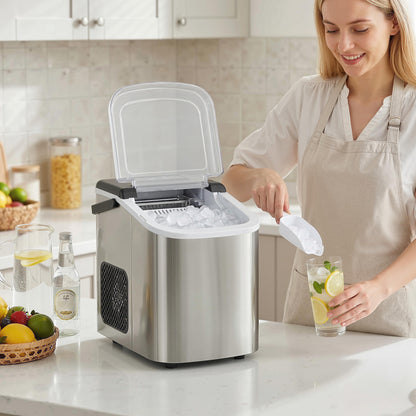 Countertop Ice Maker Machine – 9 Cubes in 7 Mins, 12kg/24hr, 2 Bullet Sizes, Self-Cleaning, Portable, Stainless Steel, For Home, Kitchen & Office