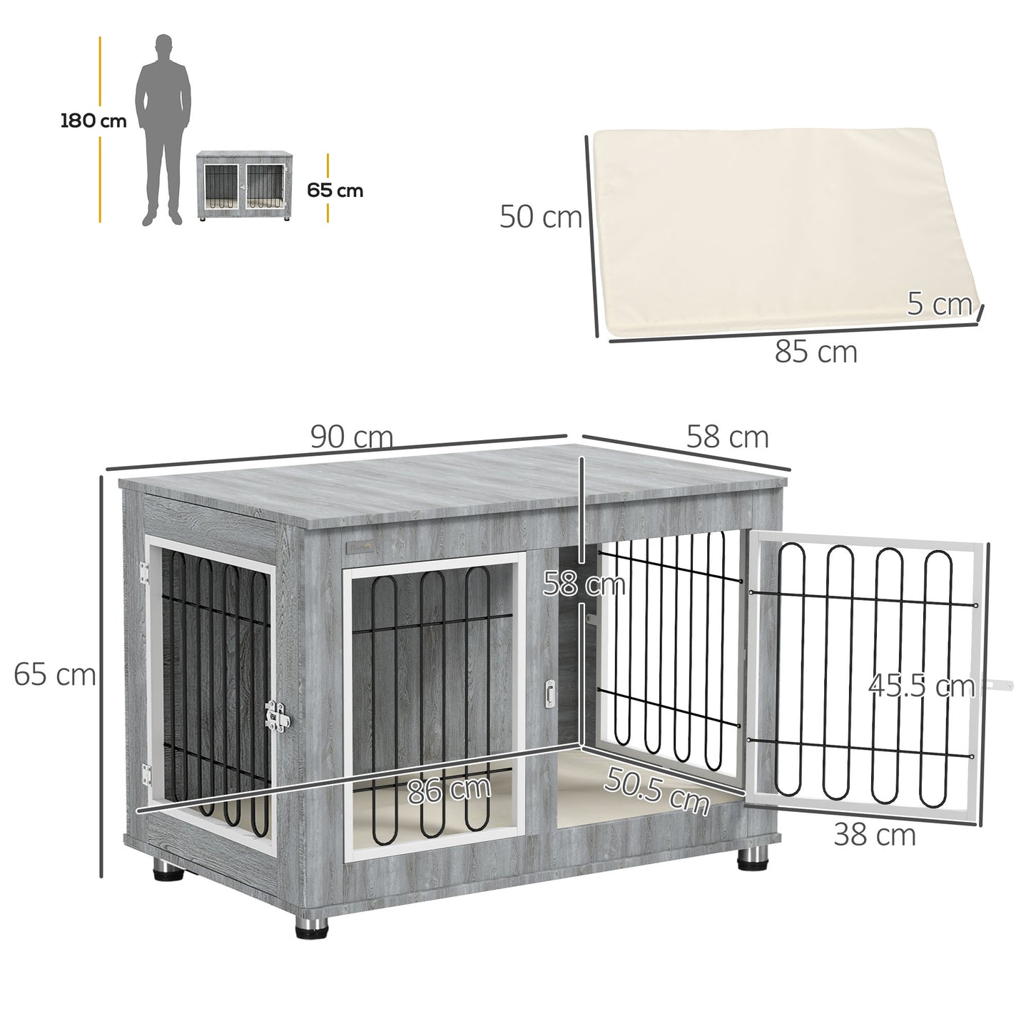 PawHut Dog Crate Furniture Side Table | Washable Cushion | Double Doors | Medium & Large Dogs up to 25kg | 90 x 58 x 65cm | Grey
