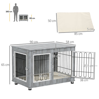 PawHut Dog Crate Furniture Side Table | Washable Cushion | Double Doors | Medium & Large Dogs up to 25kg | 90 x 58 x 65cm | Grey
