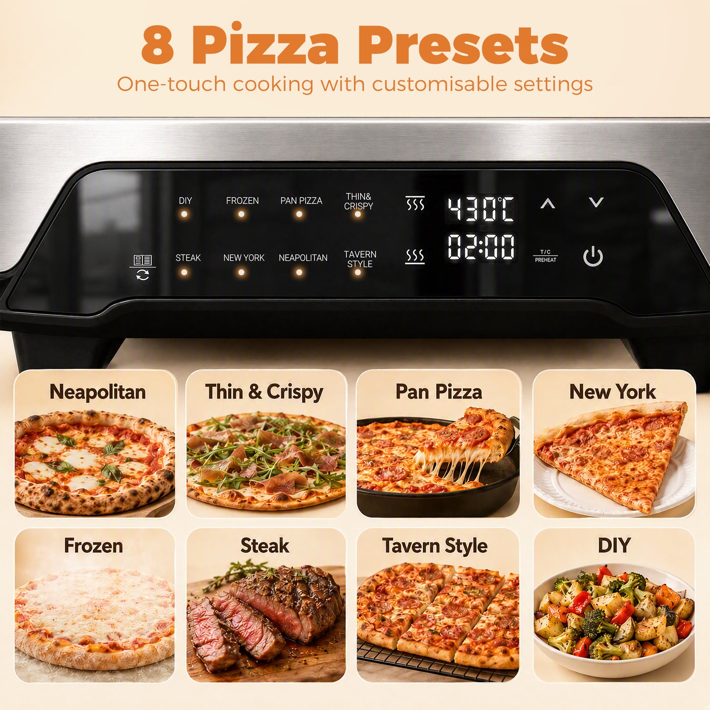 Electric Pizza Oven | 12 Inch | 8 Preset Modes | Ceramic Stone | 2200W | Grey