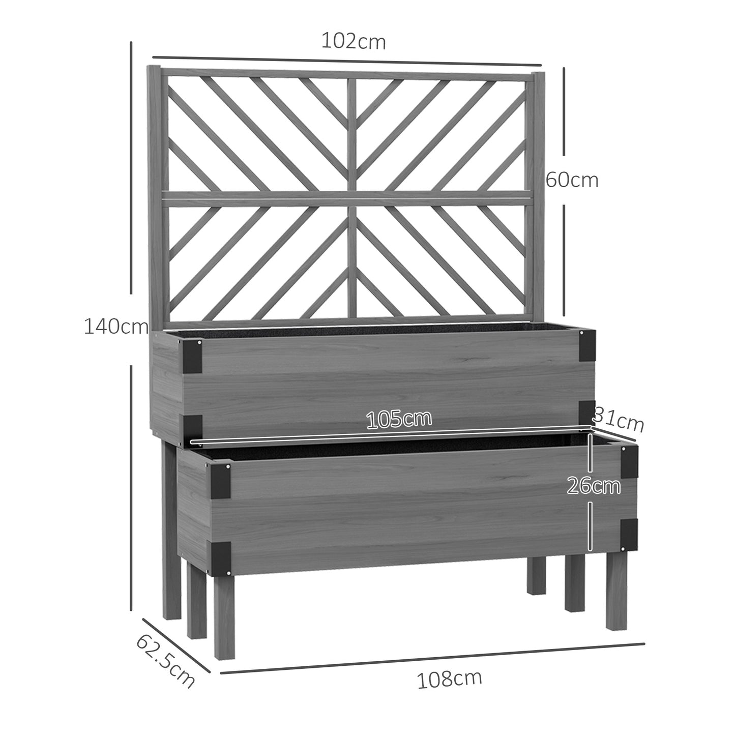 2-Tier Elevated Wooden Raised Garden Bed with Trellis | 2 Planter Boxes | Non-Woven Liner | Drainage Holes | Metal Corner Brackets | 40kg | 108x62.5x140cm | Veg Flowers & Herbs | Grey