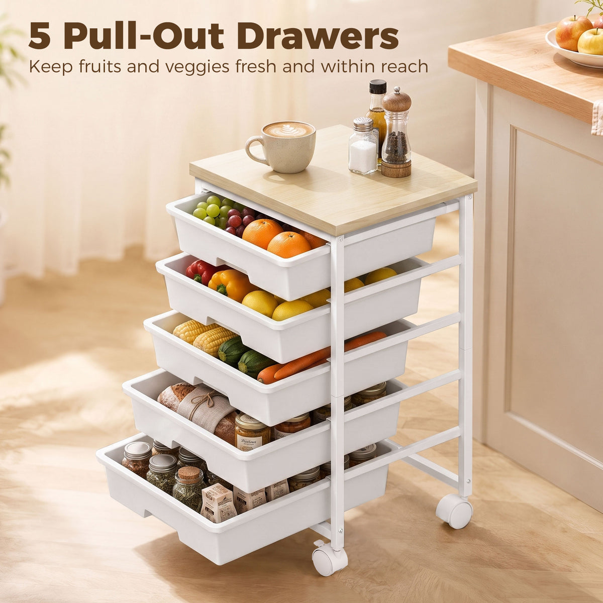 6-Tier Storage Trolley on Wheels | 5 Pull-Out Drawers | Rolling Kitchen Cart | White