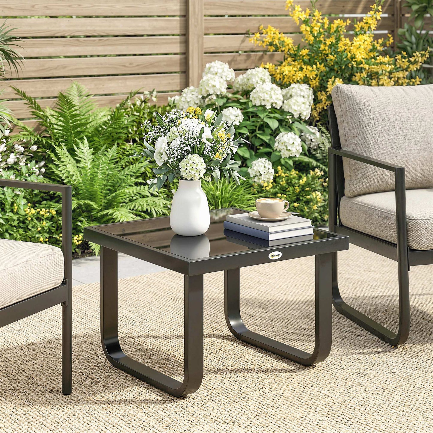 Outdoor Garden Coffee Table | Tempered Glass Top | Powder Coated Metal Frame | Adjustable Feet | 45x45x33cm | 30kg | Black