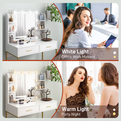 Dressing Table with Lighted Mirror, Cushioned Stool, Drawers, Shelves, Makeup Vanity Desk Set, Modern Dresser Vanity Table for Bedroom, White