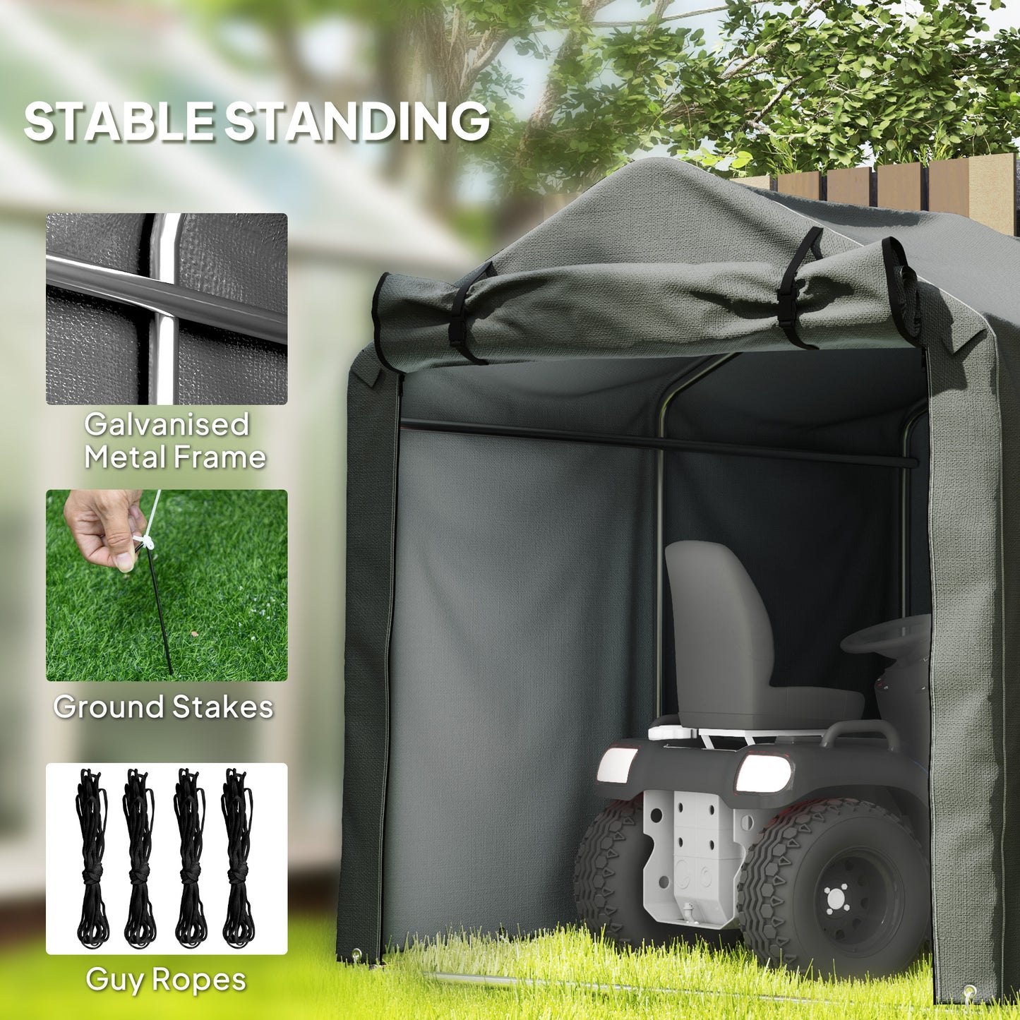2.2 x 1.6 m Garden Storage Tent, Waterproof Anti-UV Bike Tent with Roll-up Zipper Door, Galvanised Outdoor Storage Shelter Carport, Dark Grey