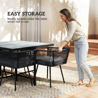 5-Piece Rattan Garden Dining Set | PS Wood-Plastic Table 110x110cm | 4 PE Rattan Armchairs | Thick Cushions | Zip Covers | Powder-Coated Metal Frame | Adjustable Feet | 120kg Chair Capacity | Light Grey