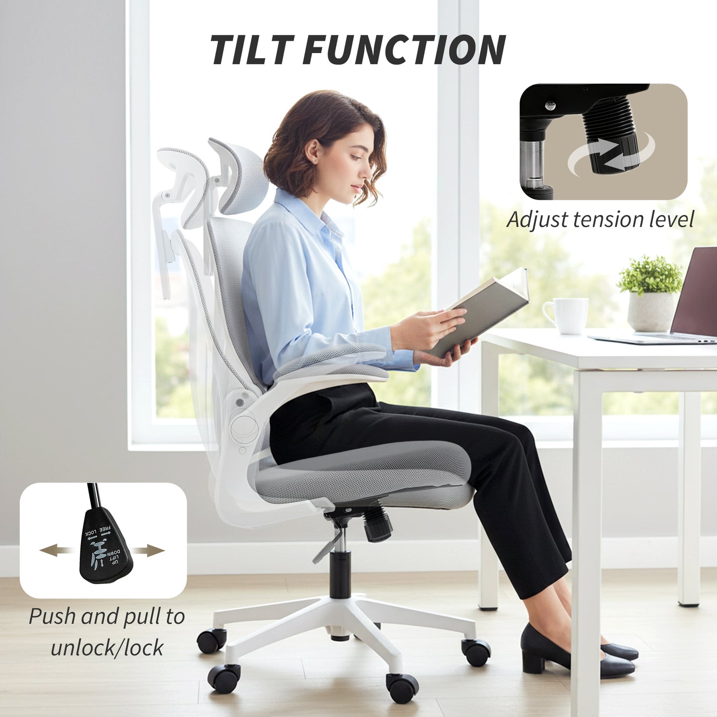 Ergonomic Office Chair with Foldable Backrest, 2D Headrest - Light Grey