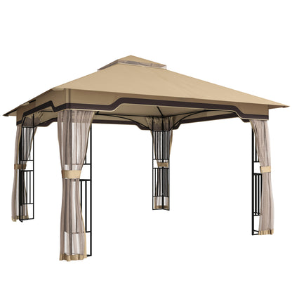 3.3x3.3m Permanent Garden Gazebo | Double-Tier UPF50+ Roof | Mesh Panels | Integrated Corner Shelves | Ceiling Hook | Triangular Powder-Coated Posts | Expansion Screws | Ground Stakes | Khaki