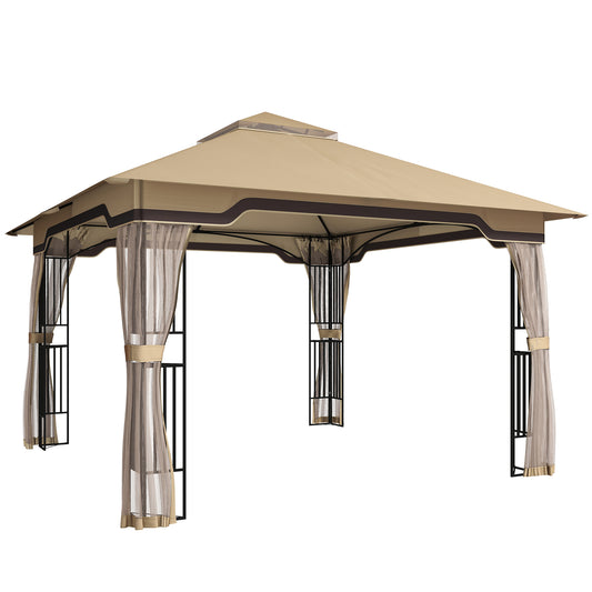 3.3x3.3m Permanent Garden Gazebo | Double-Tier UPF50+ Roof | Mesh Panels | Integrated Corner Shelves | Ceiling Hook | Triangular Powder-Coated Posts | Expansion Screws | Ground Stakes | Khaki