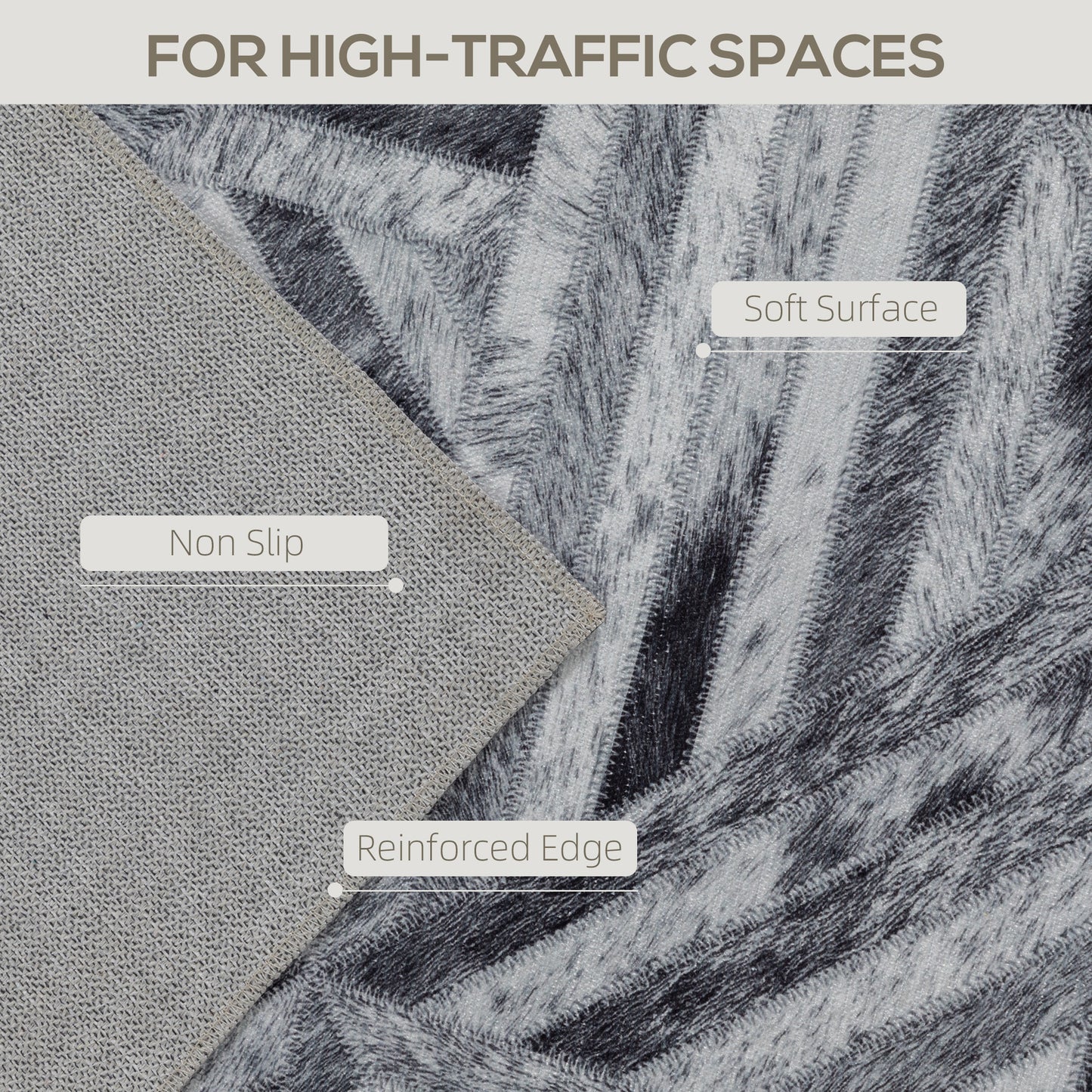 Modern Chenille Area Rug | Faux Leather Patchwork Print | Machine Washable | Non-Slip | Foldable | 290x200cm | Black | Living Room Bedroom Dining Room Home Office
