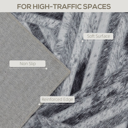 Modern Chenille Area Rug | Faux Leather Patchwork Print | Machine Washable | Non-Slip | Foldable | 290x200cm | Black | Living Room Bedroom Dining Room Home Office
