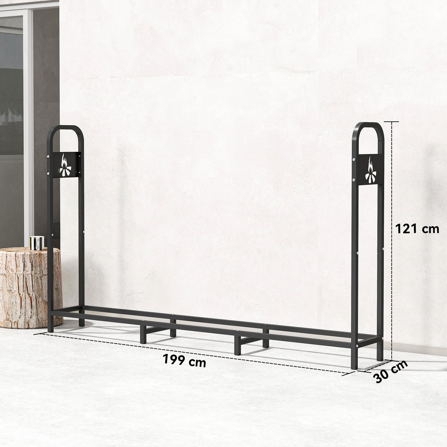 6.5 FT Steel Firewood Log Rack with 300 kg Capacity, Heavy Duty Indoor Outdoor Fireplace Wood Storage Shelf, Log Holder/Stand with Extra Support Legs, Decorative Bonfire Pattern, Black