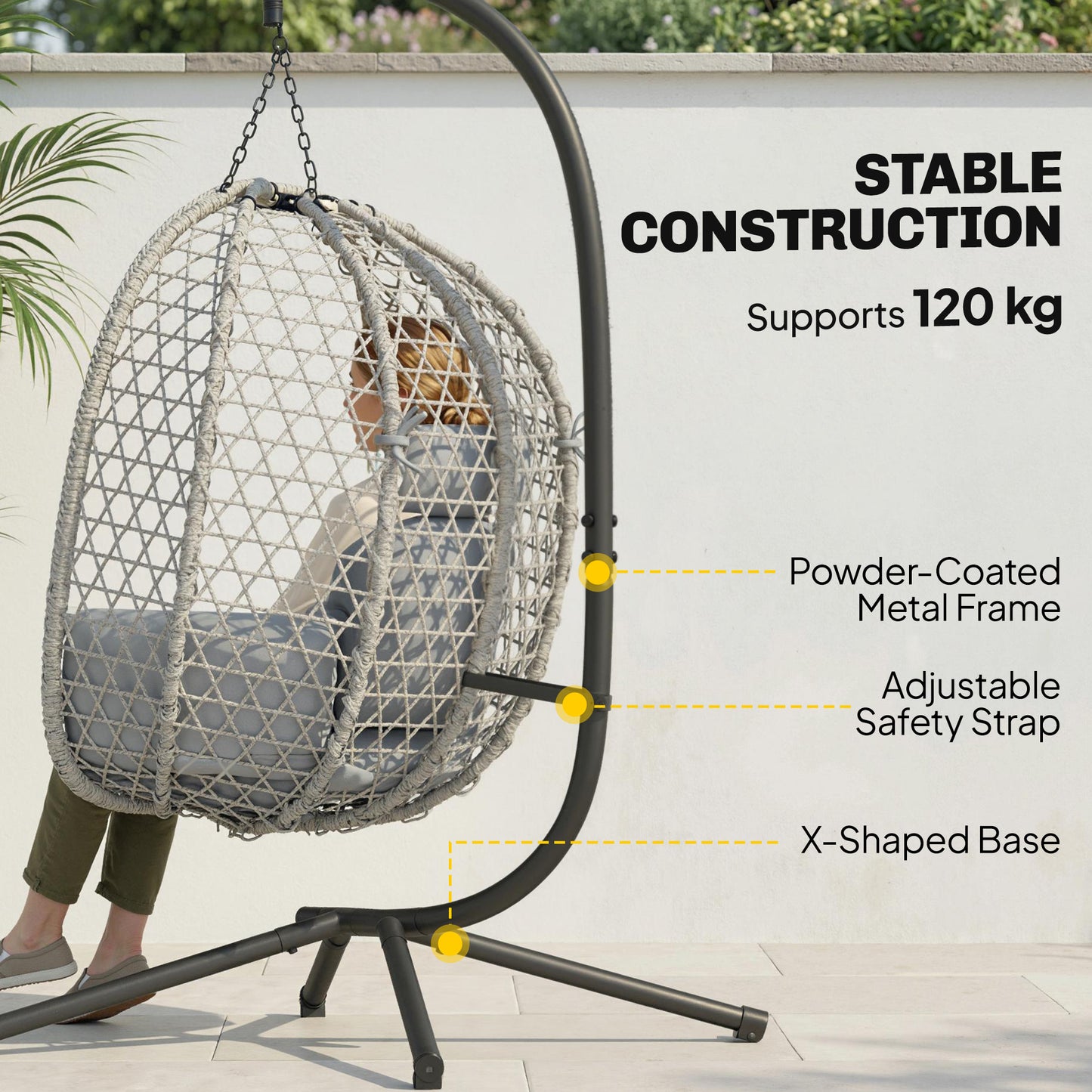 Hanging Egg Chair with Stand | PE Rattan | 15cm Cushion & Headrest | Safety Strap | Foldable Basket | 120kg | Light Grey