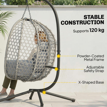 Hanging Egg Chair with Stand | PE Rattan | 15cm Cushion & Headrest | Safety Strap | Foldable Basket | 120kg | Light Grey