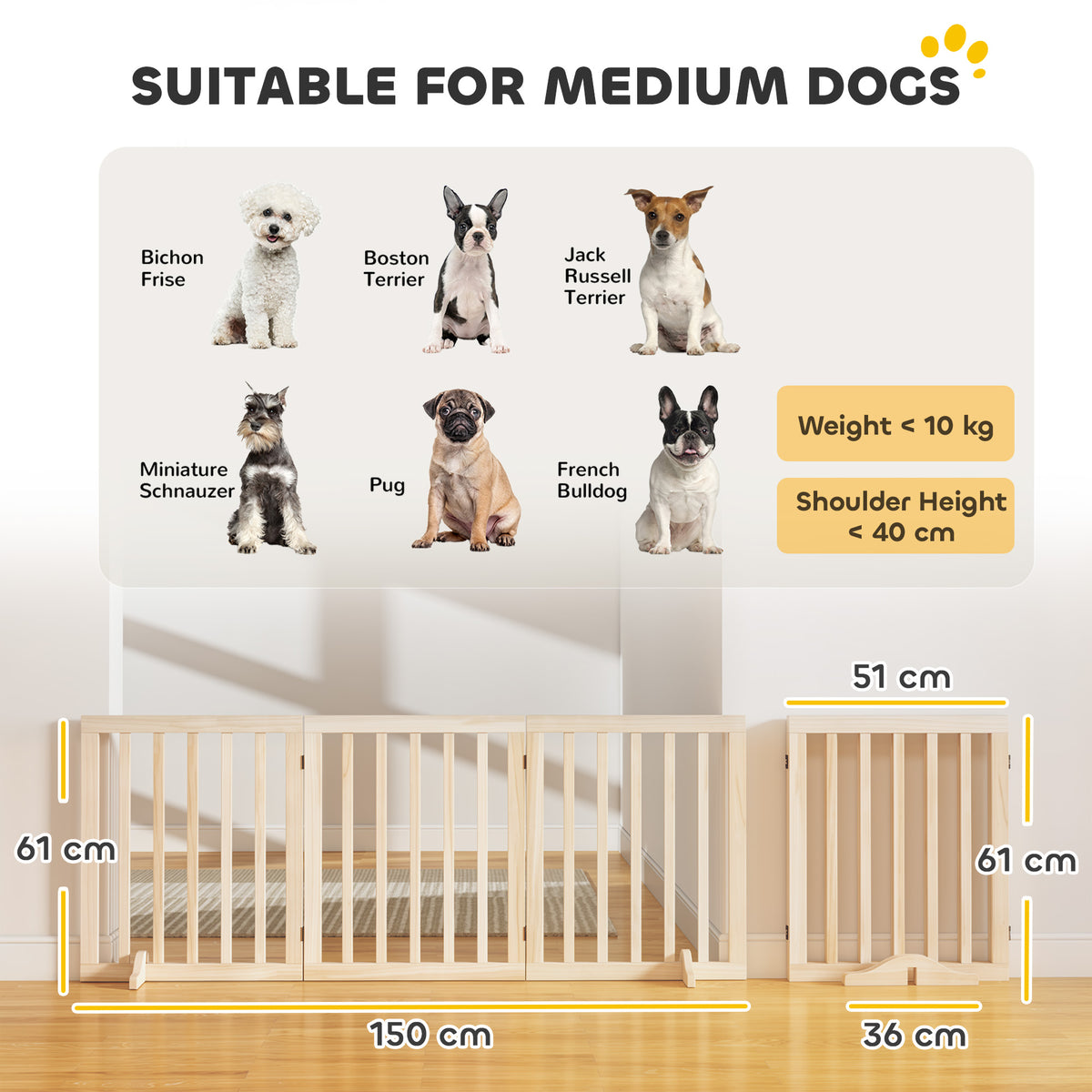 3-Panel Freestanding Wooden Dog Gate | Adjusts 30–140cm | 360° Hinges | Solid Pine Wood | No Drill | Support Feet | 47mm Bar Gap | Small Dogs Under 10kg | Natural Wood Finish | 150x36x61cm | No Assembly