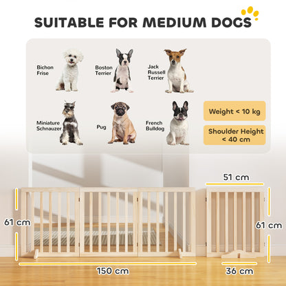 3-Panel Freestanding Wooden Dog Gate | Adjusts 30–140cm | 360° Hinges | Solid Pine Wood | No Drill | Support Feet | 47mm Bar Gap | Small Dogs Under 10kg | Natural Wood Finish | 150x36x61cm | No Assembly