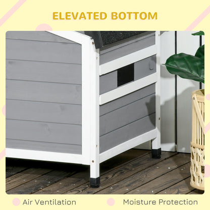Wooden Dog Kennel | Asphalt Roof | Openable Top | Door Curtain | 2 Windows | Raised Base | Removable Tray | Small Dogs up to 15kg | 97 x 72 x 65cm | Grey