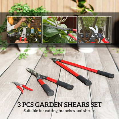 3 Piece Garden Shears Set with Hedge Shears, Lopper, Garden Secateurs, Lightweight and Compact, Tree Shrub Care Kit for Pruning with Soft Grip Handle