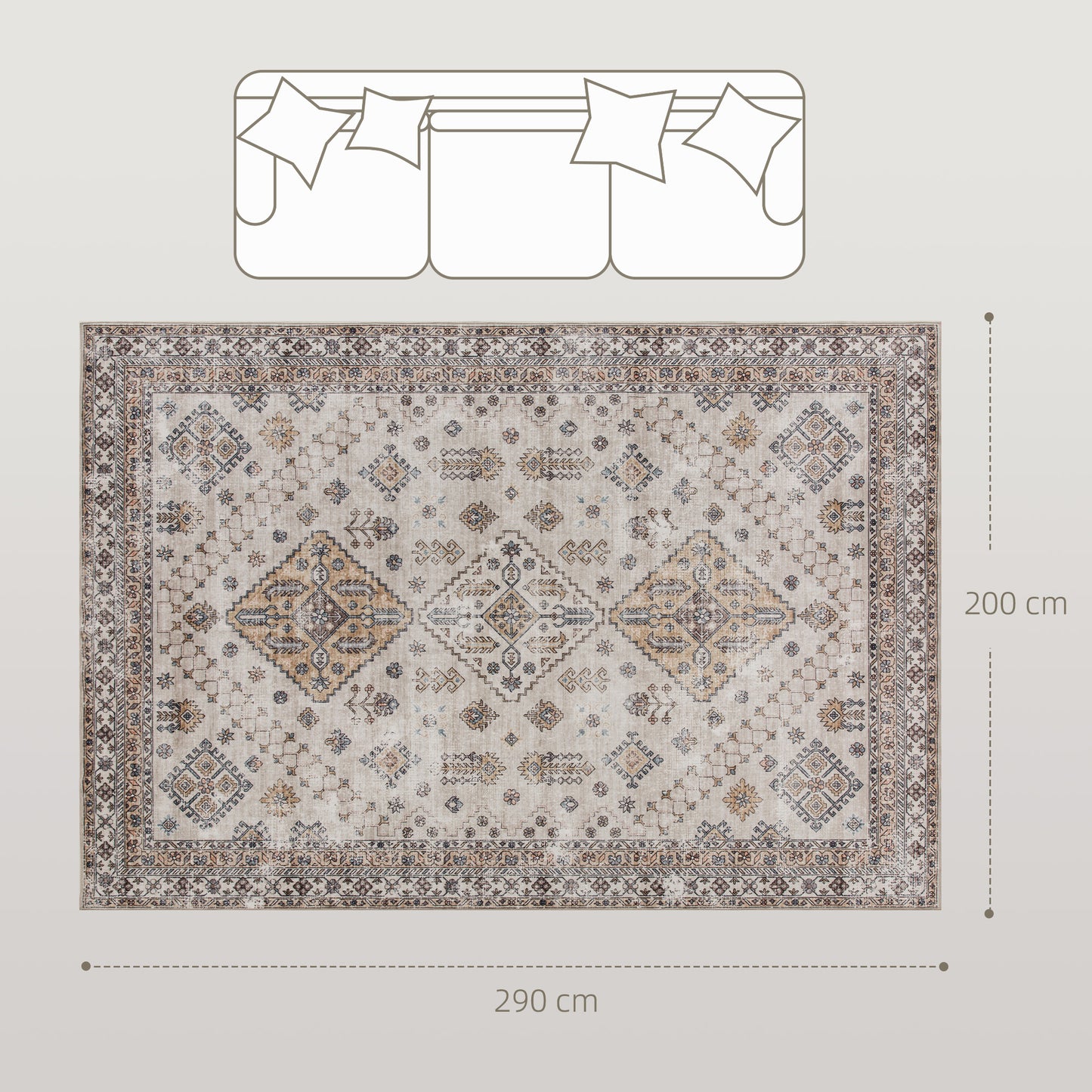 Vintage Classic Motif Area Rug | Machine Washable | Soft Flannel 100% Polyester | TPR Non-Slip Backing | Foldable | 290x200cm | Beige | Living Room Bedroom Dining Room Home Office