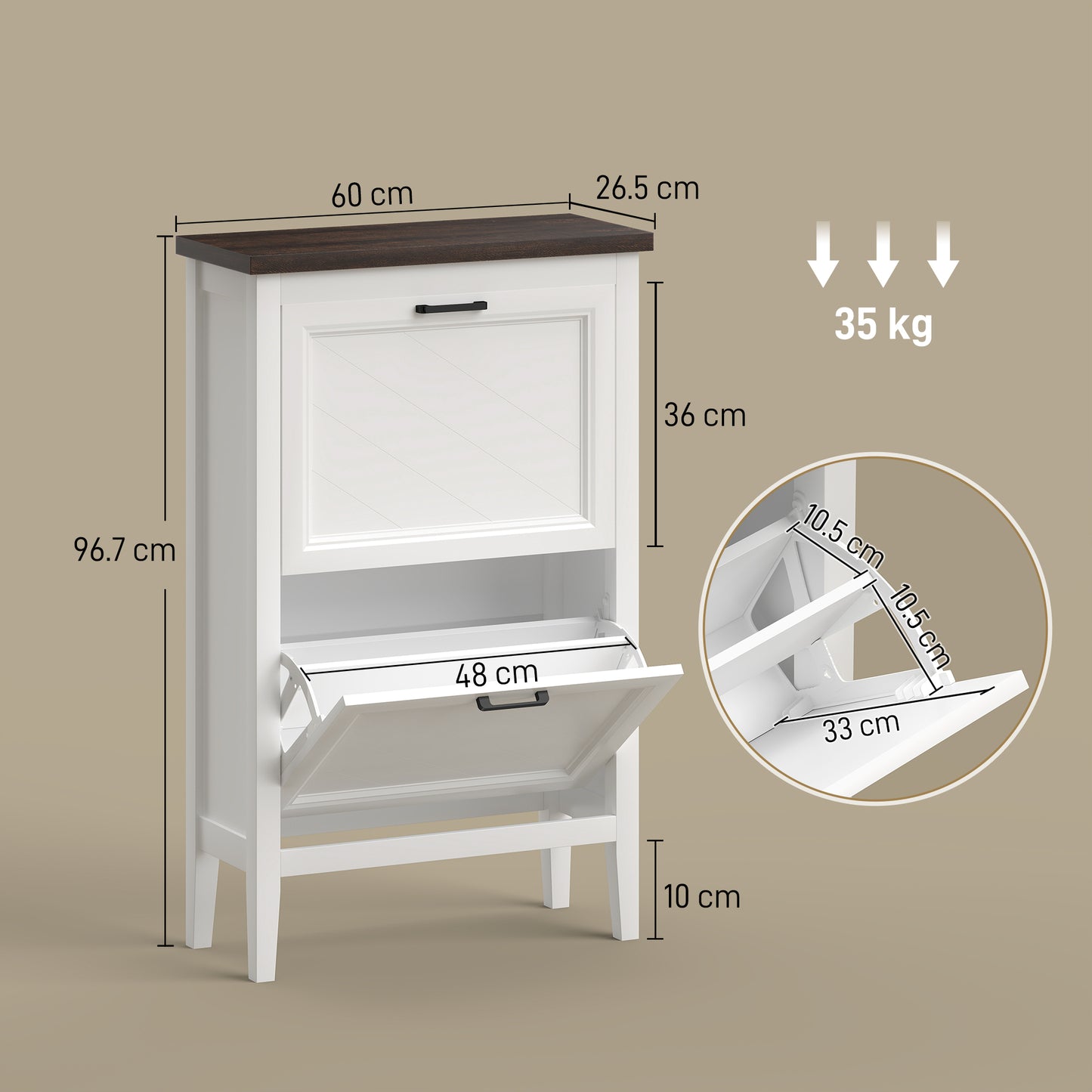 Farmhouse Narrow Shoe Cabinet | 2 Flip Drawers | 8-12 Pairs | White
