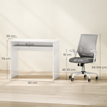 Home Office Desk & Ergonomic Mesh Chair Set | Flip-Up Arms | Storage Shelf | White & Grey