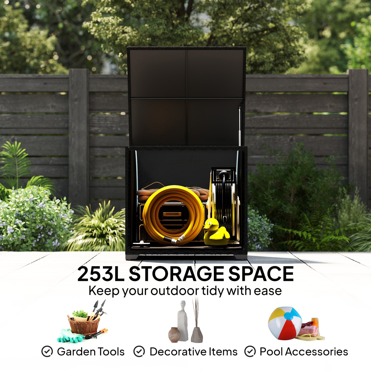 253L Rattan Garden Storage Box | Gas-Assisted Lid | Zipped Liner | Adjustable Feet | 50kg | Black