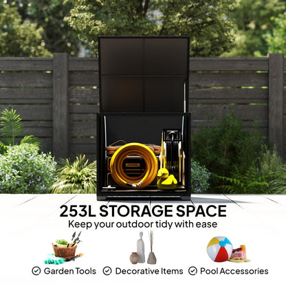 253L Rattan Garden Storage Box | Gas-Assisted Lid | Zipped Liner | Adjustable Feet | 50kg | Black