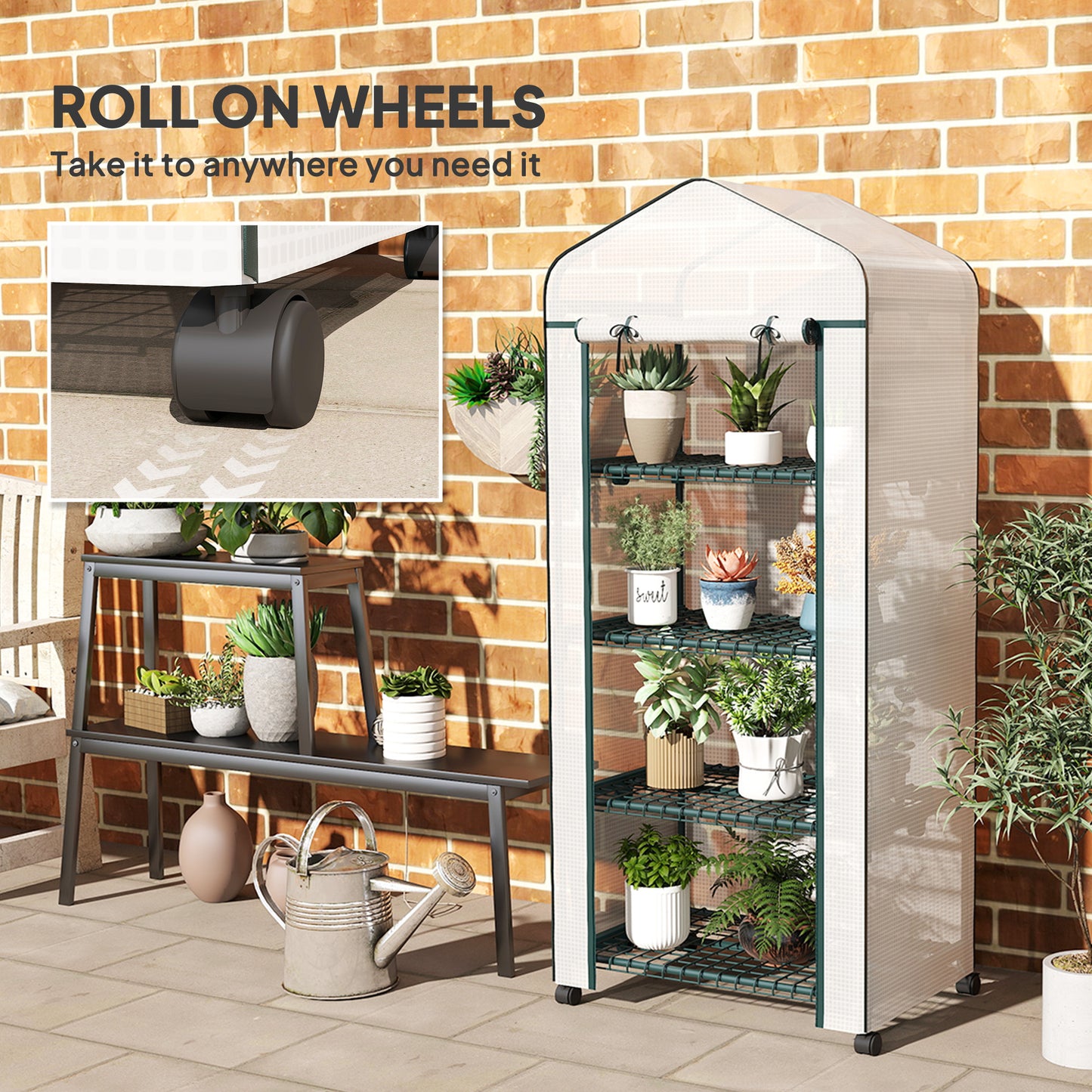 Mini Portable Greenhouse | 4 Shelves | Transparent PE Cover | Double-Zip Door | Lockable Rolling Wheels | 10kg Per Shelf | Balcony & Patio | 69 x 50 x 165cm | White