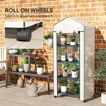 Mini Portable Greenhouse | 4 Shelves | Transparent PE Cover | Double-Zip Door | Lockable Rolling Wheels | 10kg Per Shelf | Balcony & Patio | 69 x 50 x 165cm | White