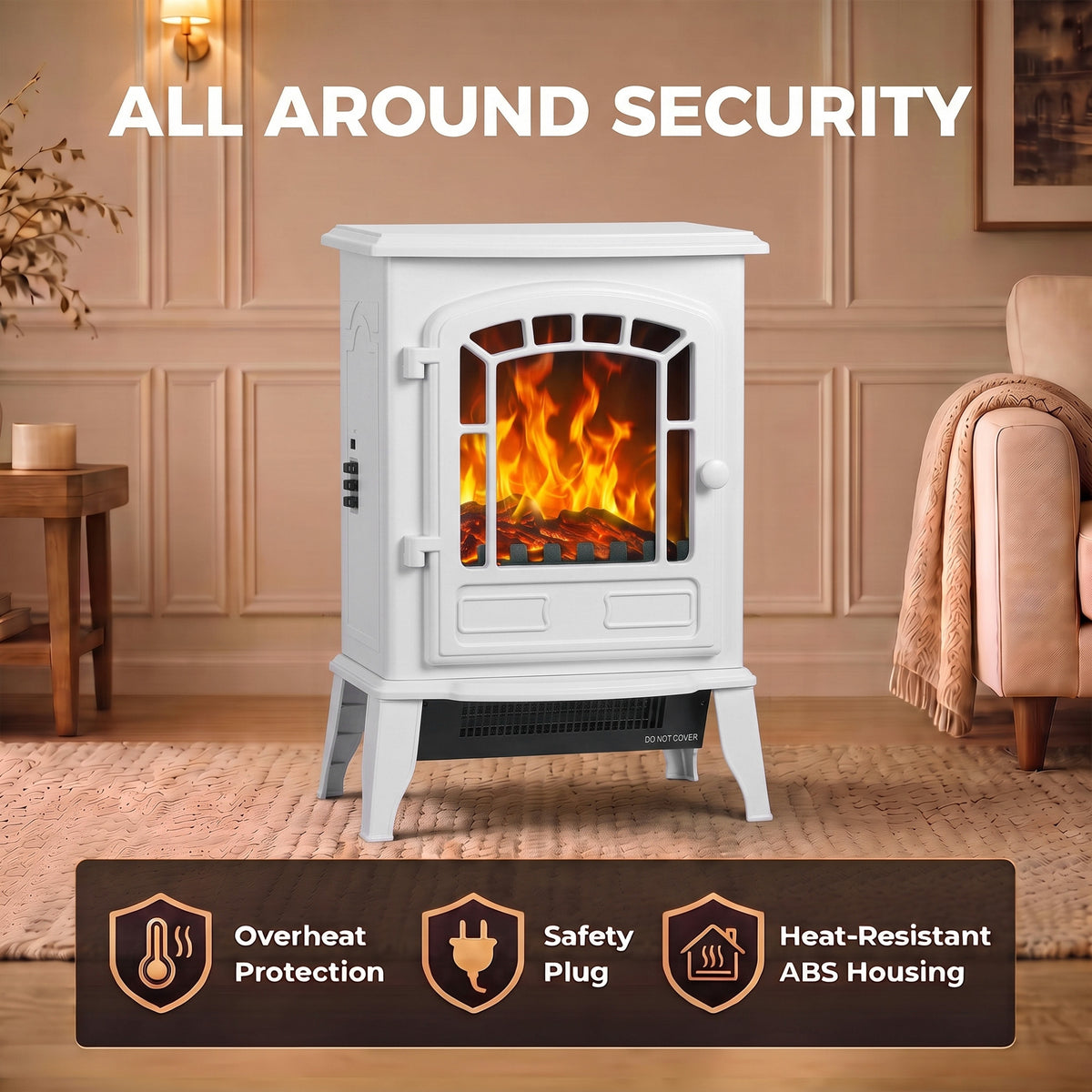 Electric Fireplace Stove | White Freestanding 2000W LED Flame Heater with Adjustable Thermostat