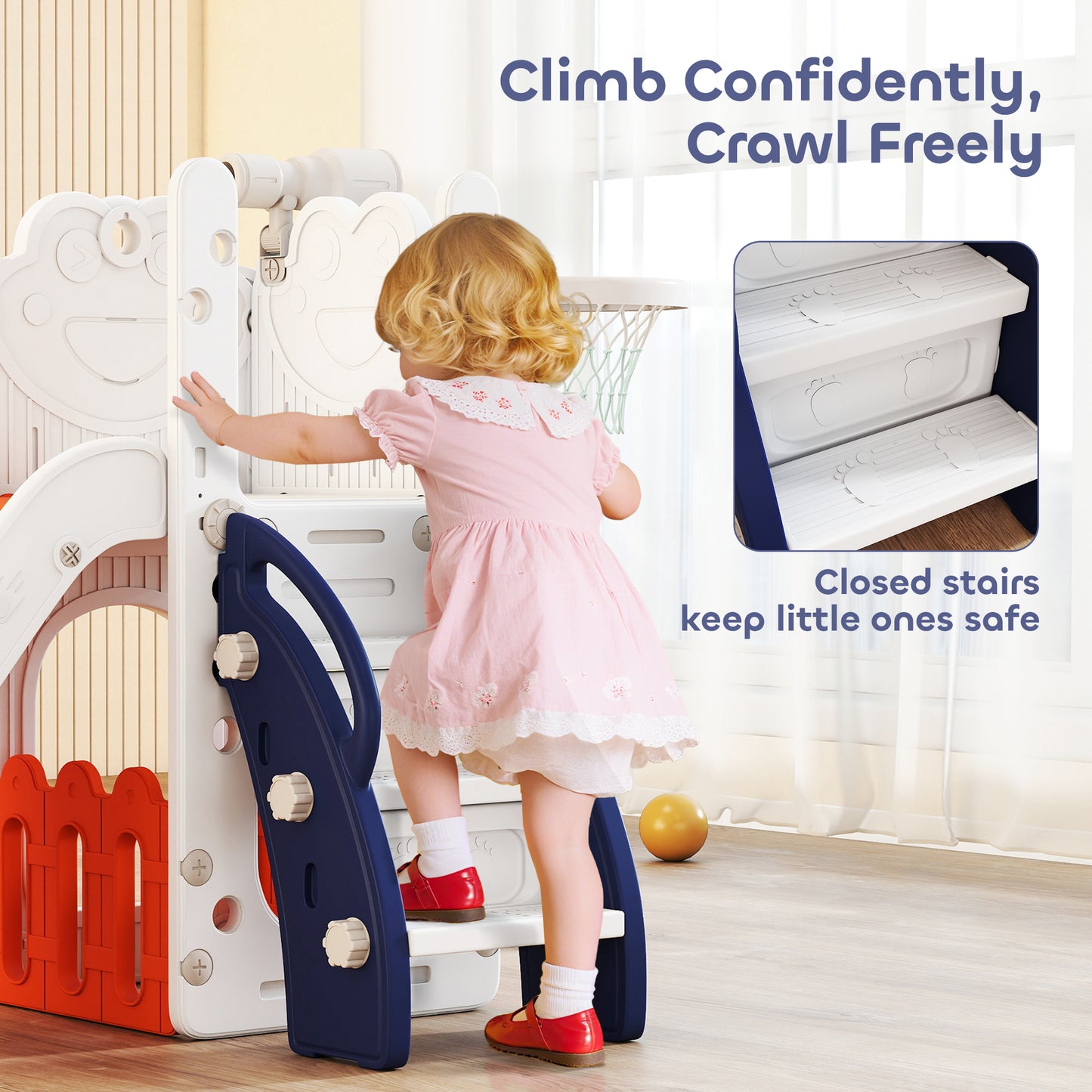 5-in-1 Kids Slide Set with Basketball Hoop, Climbing Frame, Telescope & Storage Box – Anti-Slip Steps, HDPE, Ages 1–3 – Orange