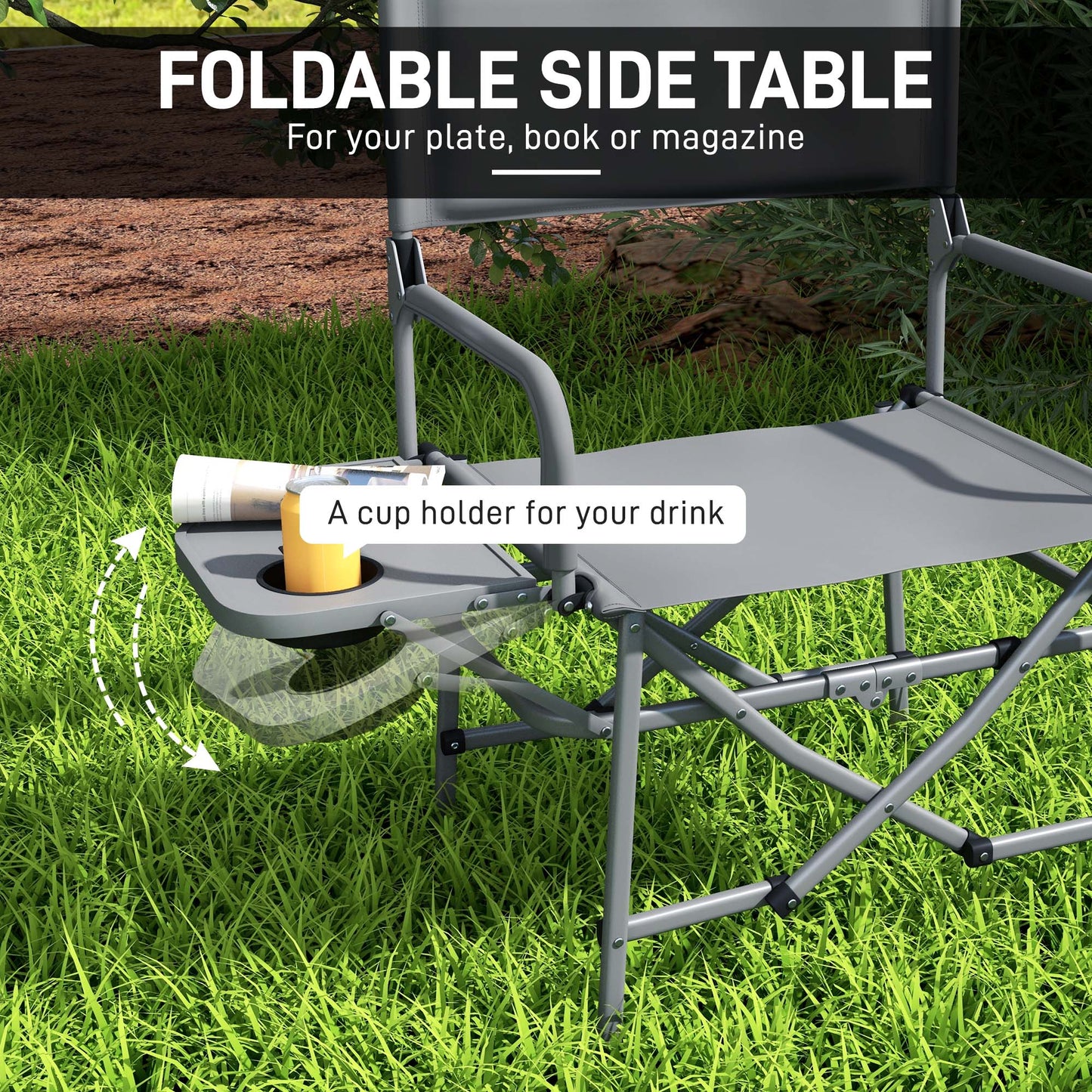Outsunny Folding Directors Camping Chair, with Side Table - Grey