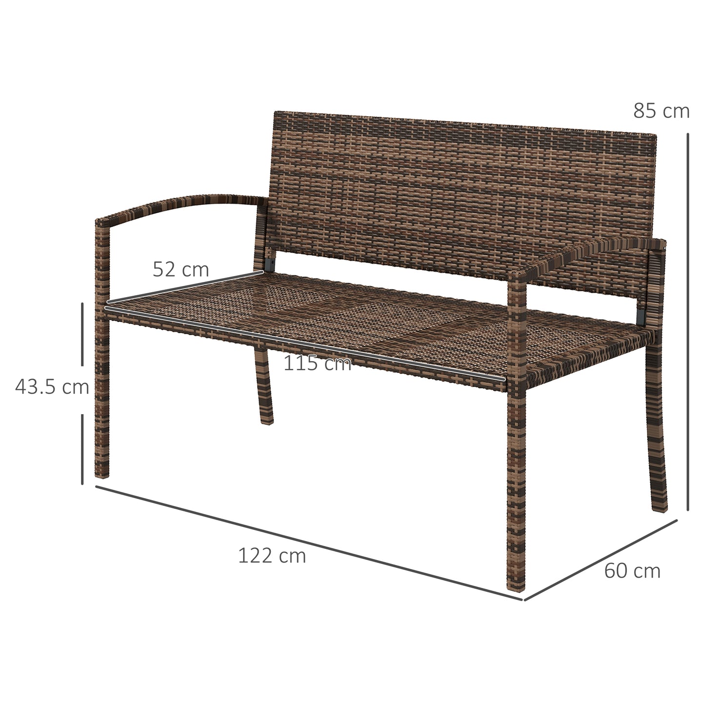 2 Seater Rattan Garden Bench Loveseat | High Back | Armrests | UV & Weather Resistant PE Wicker | Metal Frame | Foot Pads | 240kg | 122x60x85cm | Brown