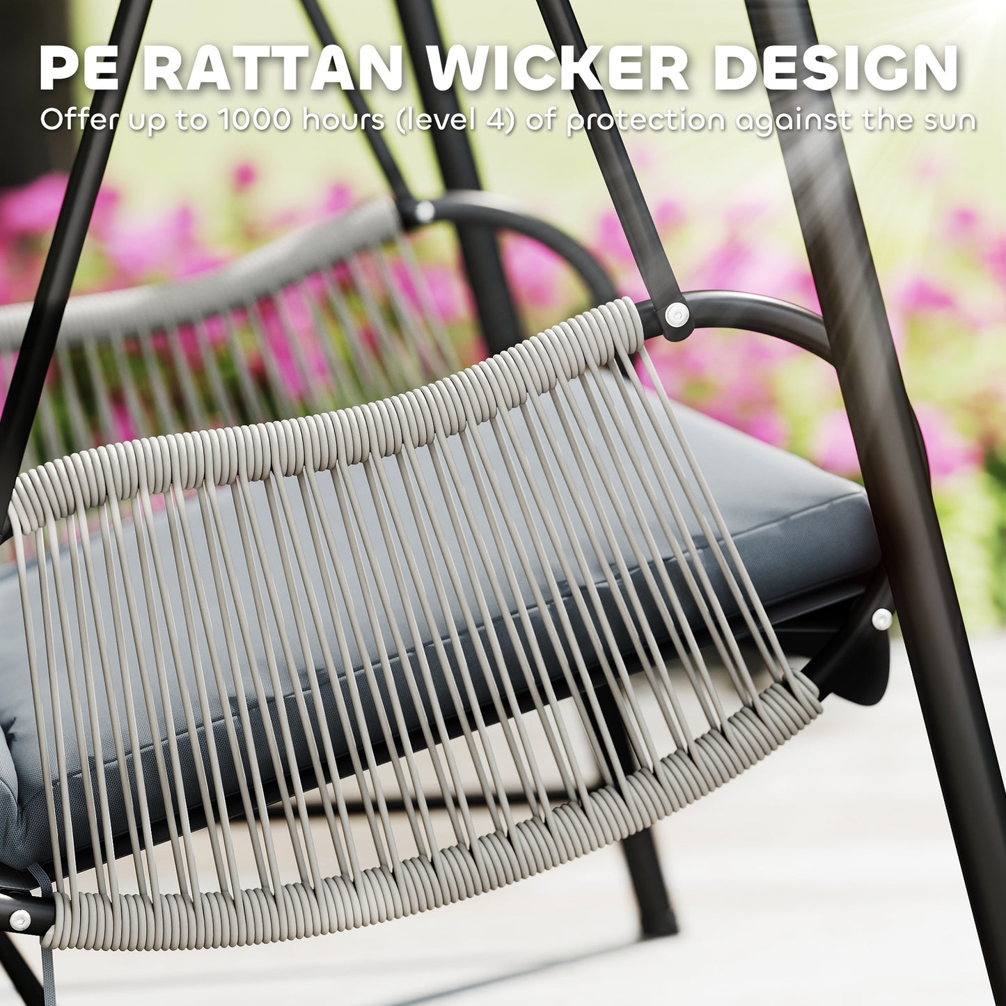 Outsunny Rattan Swing Chair, Outdoor Garden Hanging Swing Seat with Stand and Seat Cushion, Porch Hanging Chair for Balcony, Garden, Deck