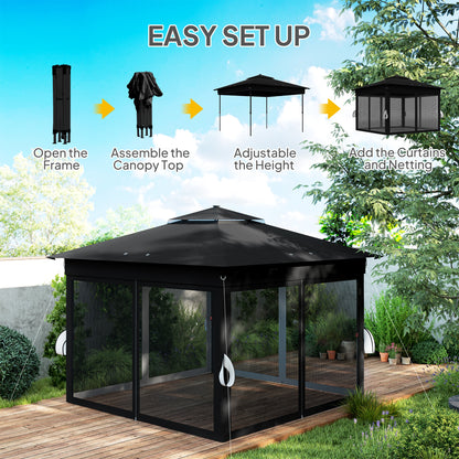 Outsunny 3 x 3(m) Pop Up Gazebo Party Tent with Solar-Powered LED Lights, Adjustable Event Shelter with Netting, Black