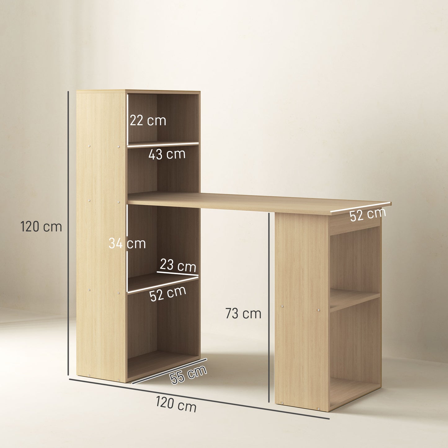 120cm Modern Computer Desk Bookshelf Study Table Workstation PC Laptop Writing Home Office 6 Shelves, Natural Wood Finish