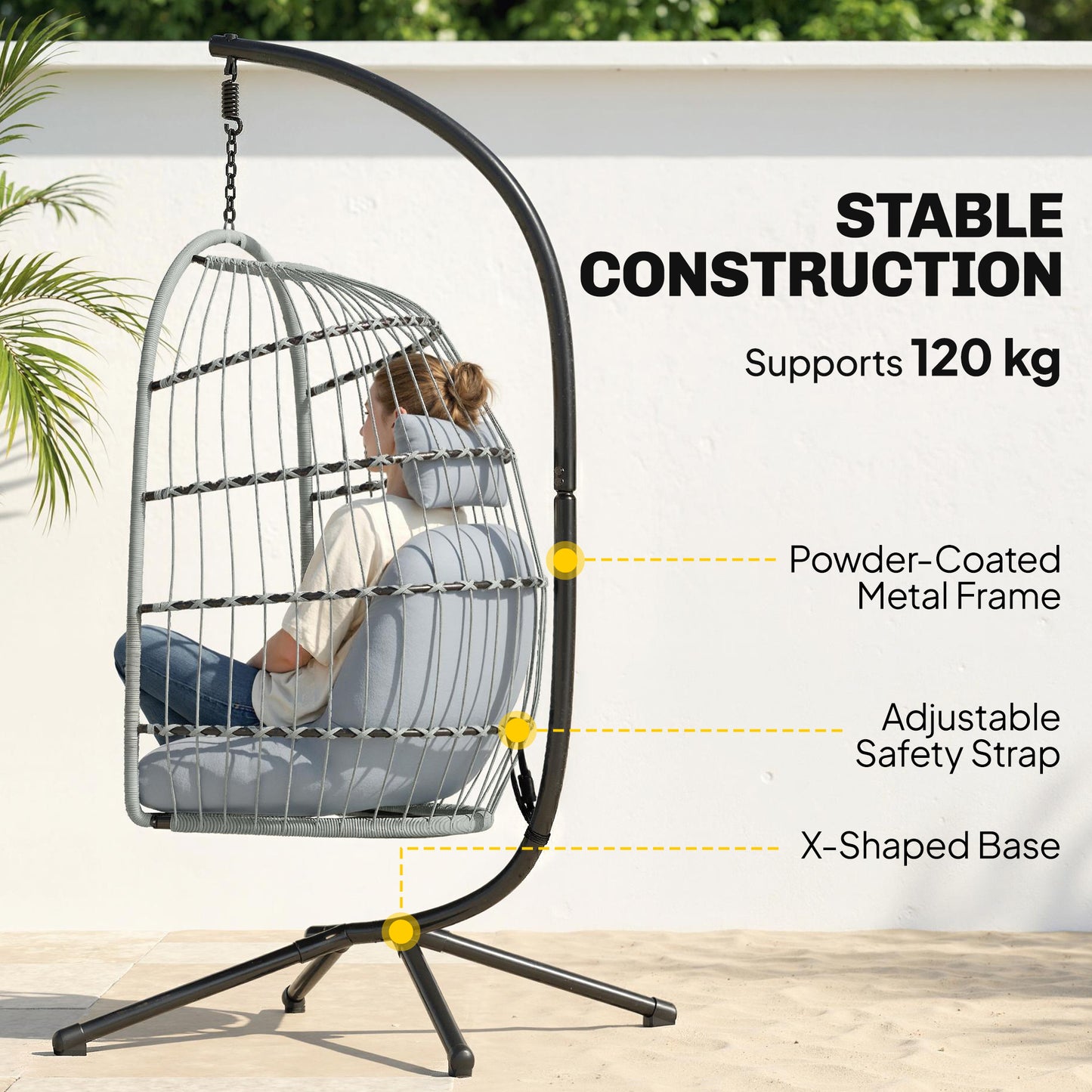Hanging Egg Chair with Stand | 15cm Cushion, Headrest & Safety Strap | Foldable | 120kg | Light Grey