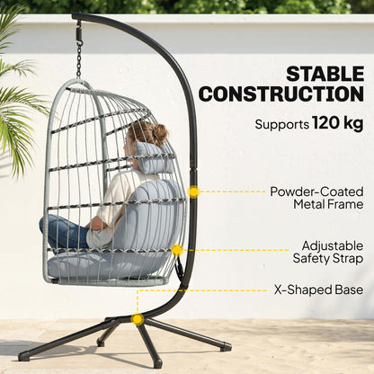 Hanging Egg Chair with Stand | 15cm Cushion, Headrest & Safety Strap | Foldable | 120kg | Light Grey