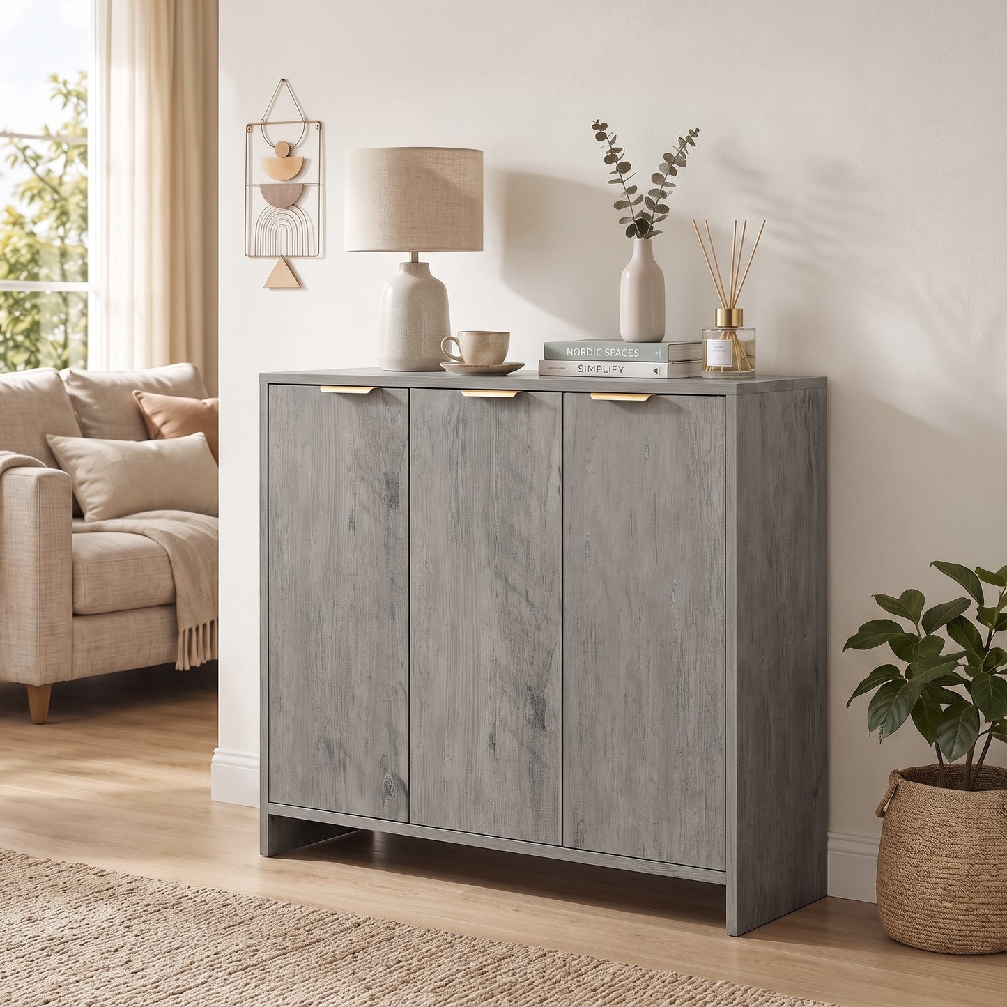 Modern Sideboard Cabinet | 3 Doors | Adjustable Shelves | Gold Handles | Anti-Tip Kit | 40kg | Living Room & Dining Room | Grey
